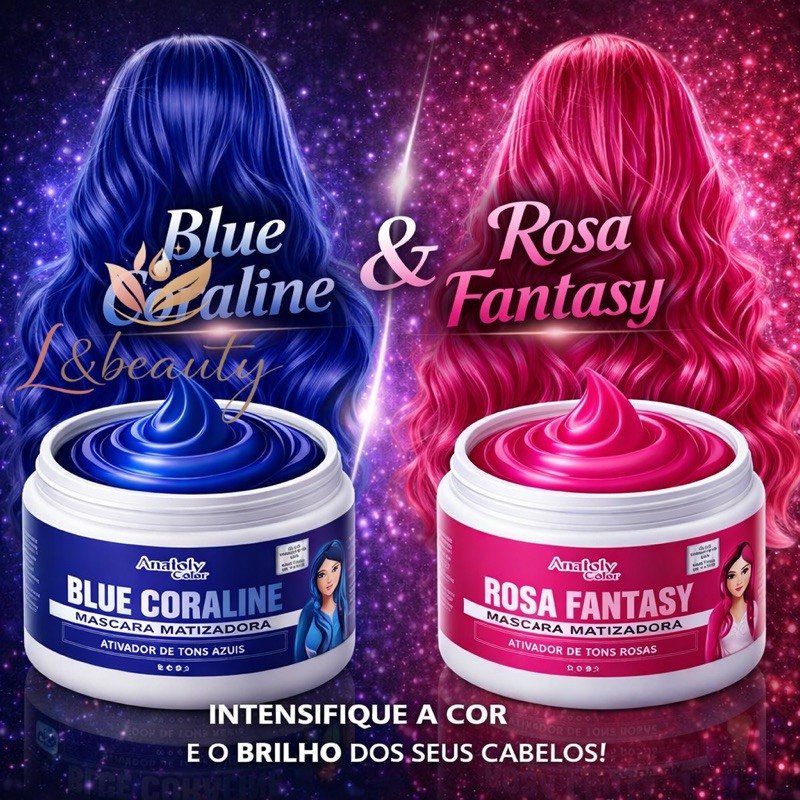 Kit Anatoly Máscaras Tonalizantes Cor Pink + Azul 300G Cores Vibrantes e Hidratação Intensa 300g
