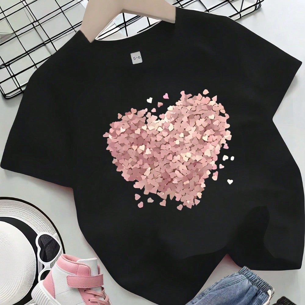Camiseta infantil 100% Algodão - Estampa coração grande rosa lantejoula blusinha fofa para meninas