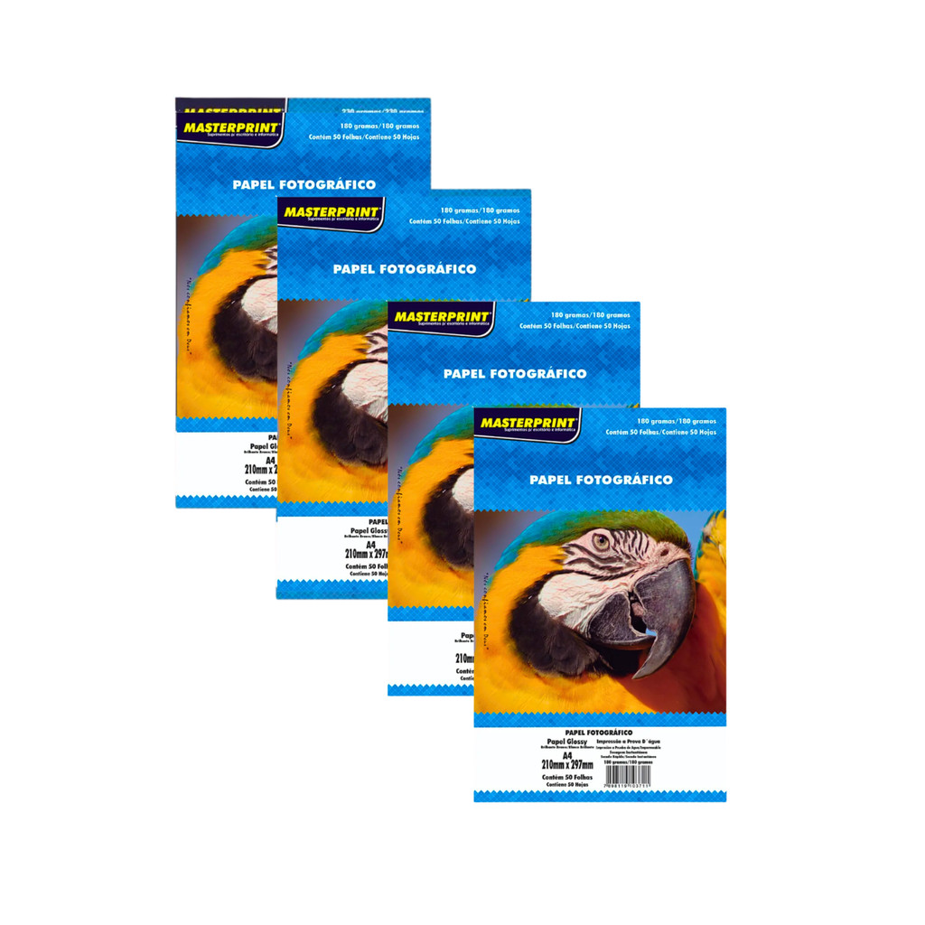 Papel Fotográfico 180g Glossy (Brilhante) A4 - S/ Adesivo MASTERPRINT Kit:Com 20