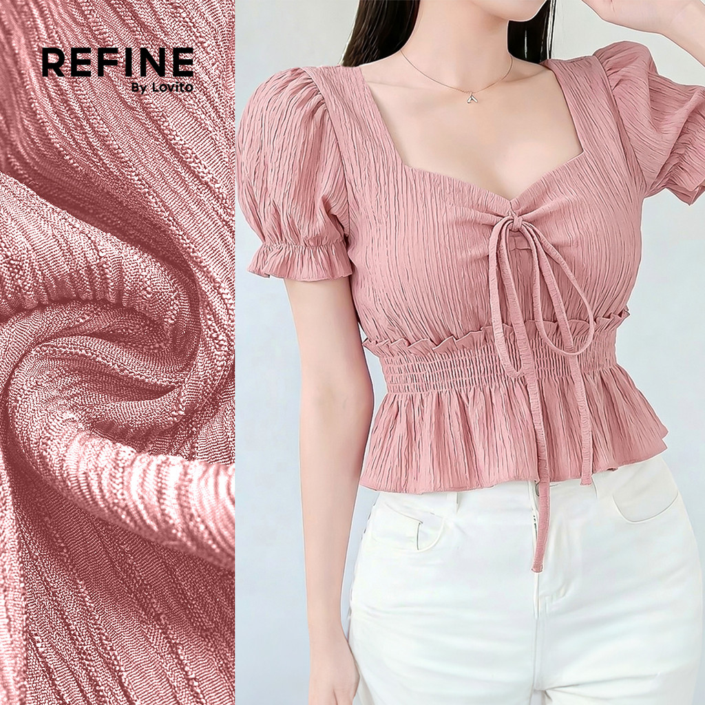 (Refine by Lovito) Blusa Casual Feminina Rosa com Laço Plissados e Babados para primavera/verão LR35E052 em Oferta na Shopee