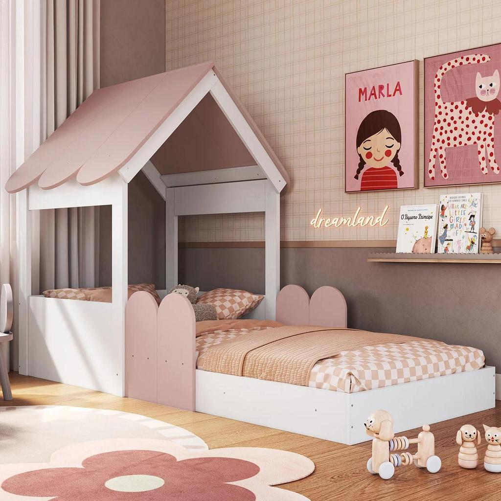 Cama Solteiro Infantil Montessoriana Casinha Nana Branco/Rosa C06 - Mpozenato em Oferta na Shopee