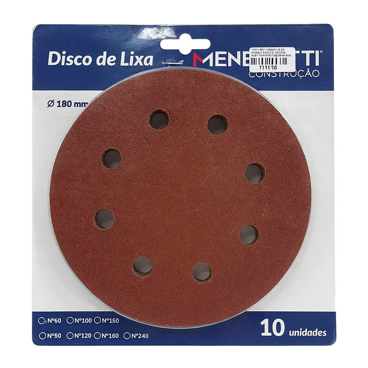 Kit com 10 Discos de Lixa 7" (180mm) Grão 120 com 8 Furos Menegotti