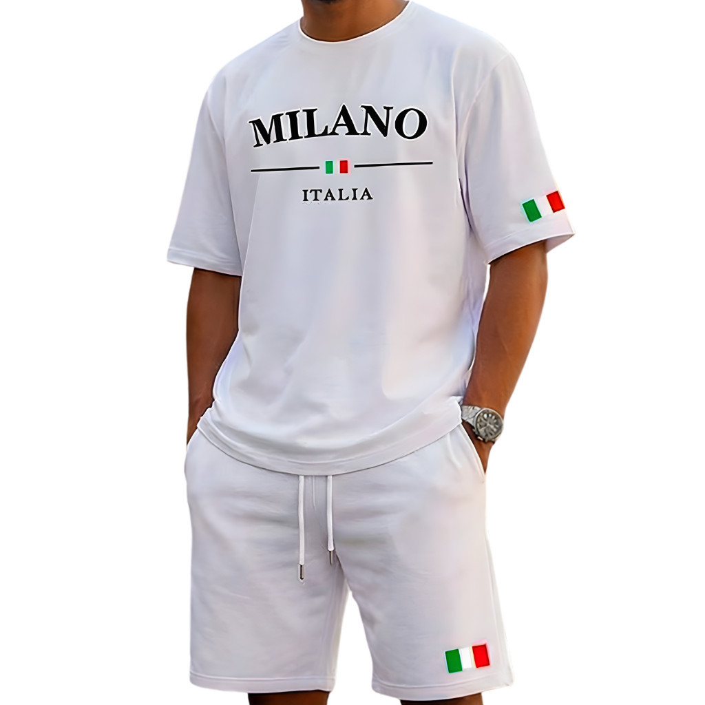 Conjunto Masculino Camiseta + Short Tactel Estampado Milano Itália Street Camiseta Malha Linha Premium Short Mauricinho