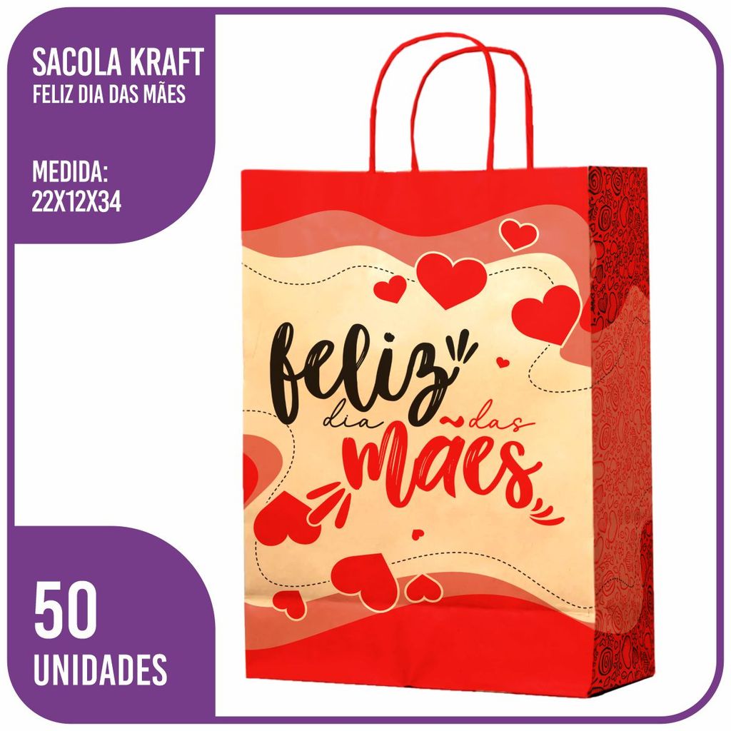 Sacola Kraft Feliz Dia das Mães (M) 22x12x34 - (50 Unidades)