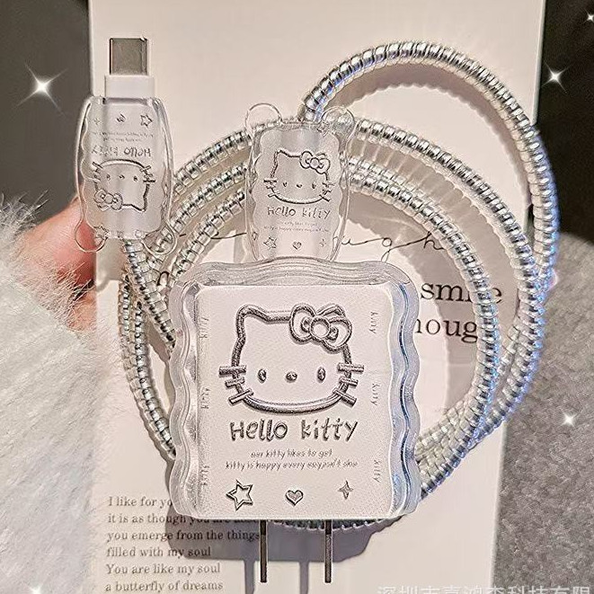Capa protetora para carregador Apple 20W | Design minimalista ondulado, material transparente e estampa de gatinho com l