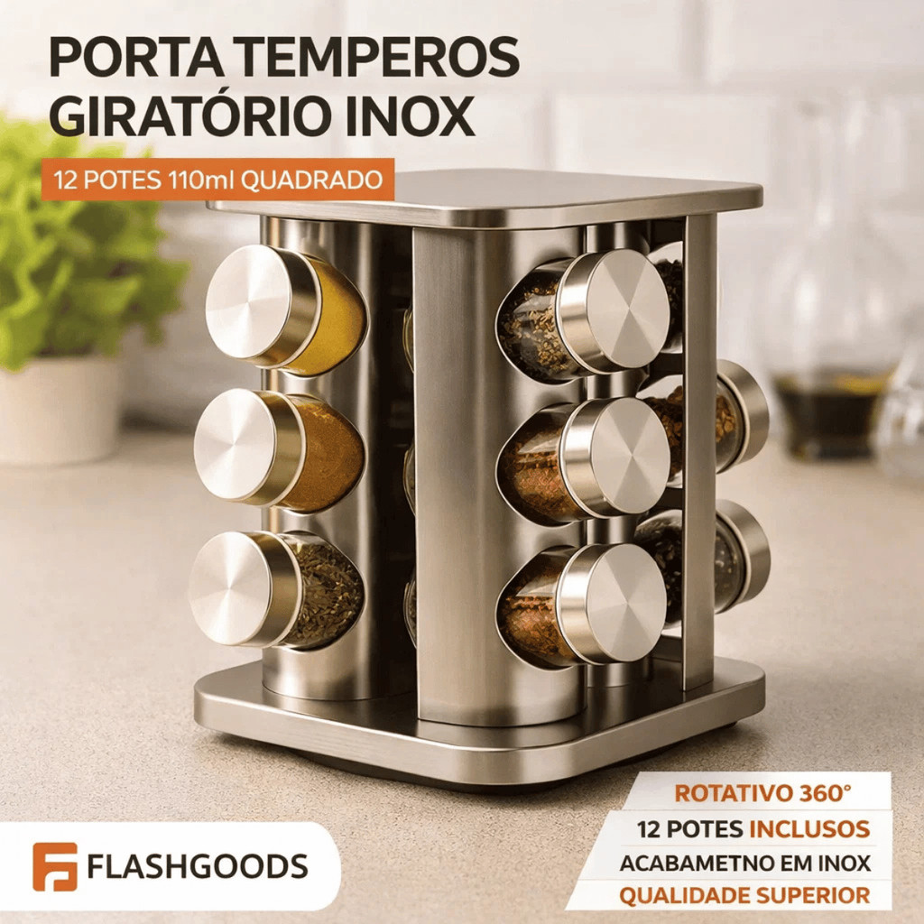 Porta Temperos Giratório Inox 12 Potes Quadrado - Flashgoods / Organizador Condimentos Cozinha Mesa