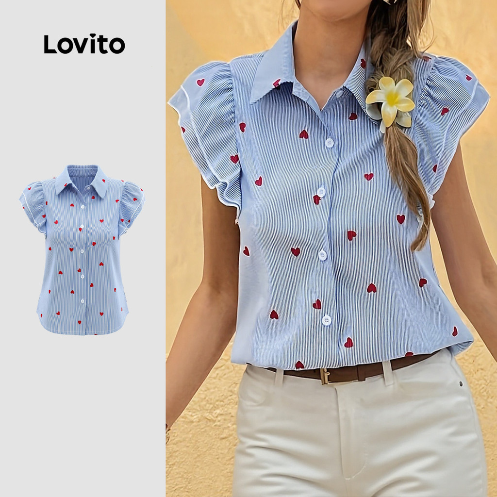 Lovito Blusa elegante dupla camada botão frontal coração primavera/verão blusa azul para mulheres LK3LD411 em Oferta na Shopee