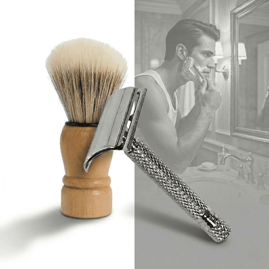 Kit Barbeador Retrô + Pincel de Barbear Profissional Masculino Barba Clássica Luxo envio imediato rapido