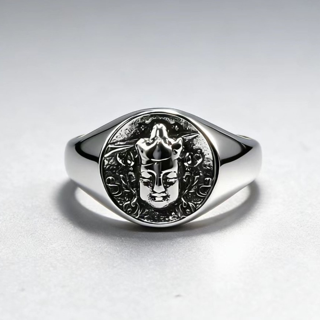 Banhado a prata Retro buda rosto anel masculino nicho estilo tibetano estátua de buda abertura em relevo anel ajustável