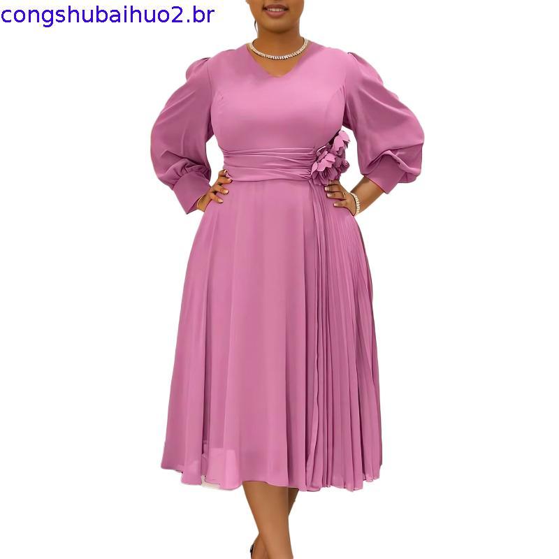 Novo vestido feminino estilo europeu americano elegante cor sólida saia evasê vestido vestido plus size roupa feminina