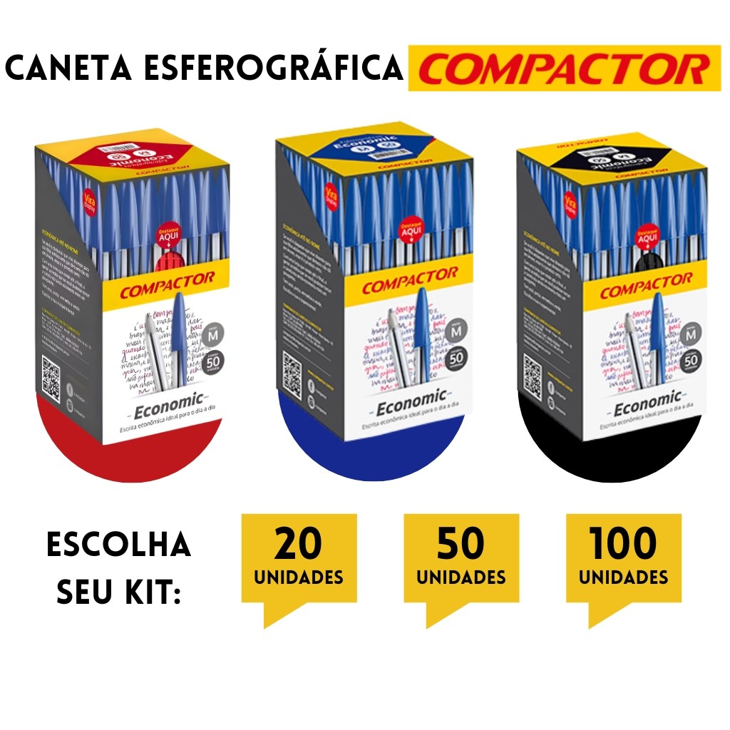 Caneta Esferográfica Média 1.0 Compactor Ponta Média - Kit Com 20, 50 ou 100 Unidades