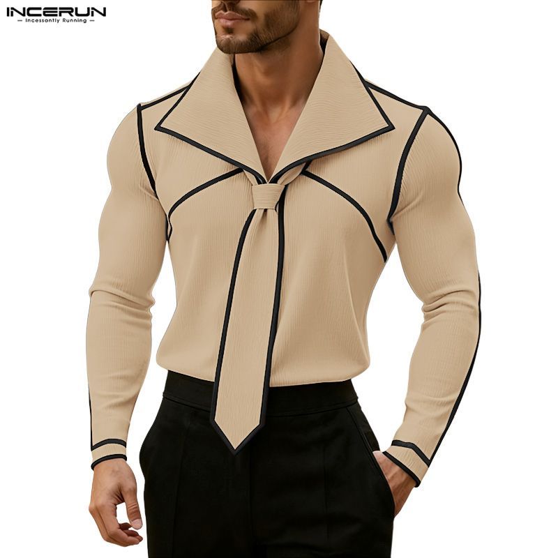 INCERUN Camisas Masculinas Vintage Leves Estilo Empresarial Lapela Manga Comprida Gravata Design De Emenda Contrastante