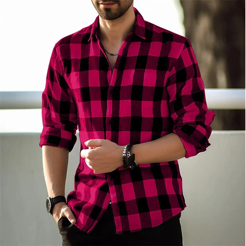 Novo Roxo Xadrez Impressão Camisa Masculina Moda Manga Longa Botão Lapela Rua Solta Casual Respirável EC5N