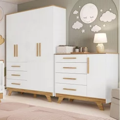 Quarto Infantil com Guarda Roupa 4 Portas e Cômoda 1 Porta 100% MDF Kakau Retrô Espresso Móveis Branco