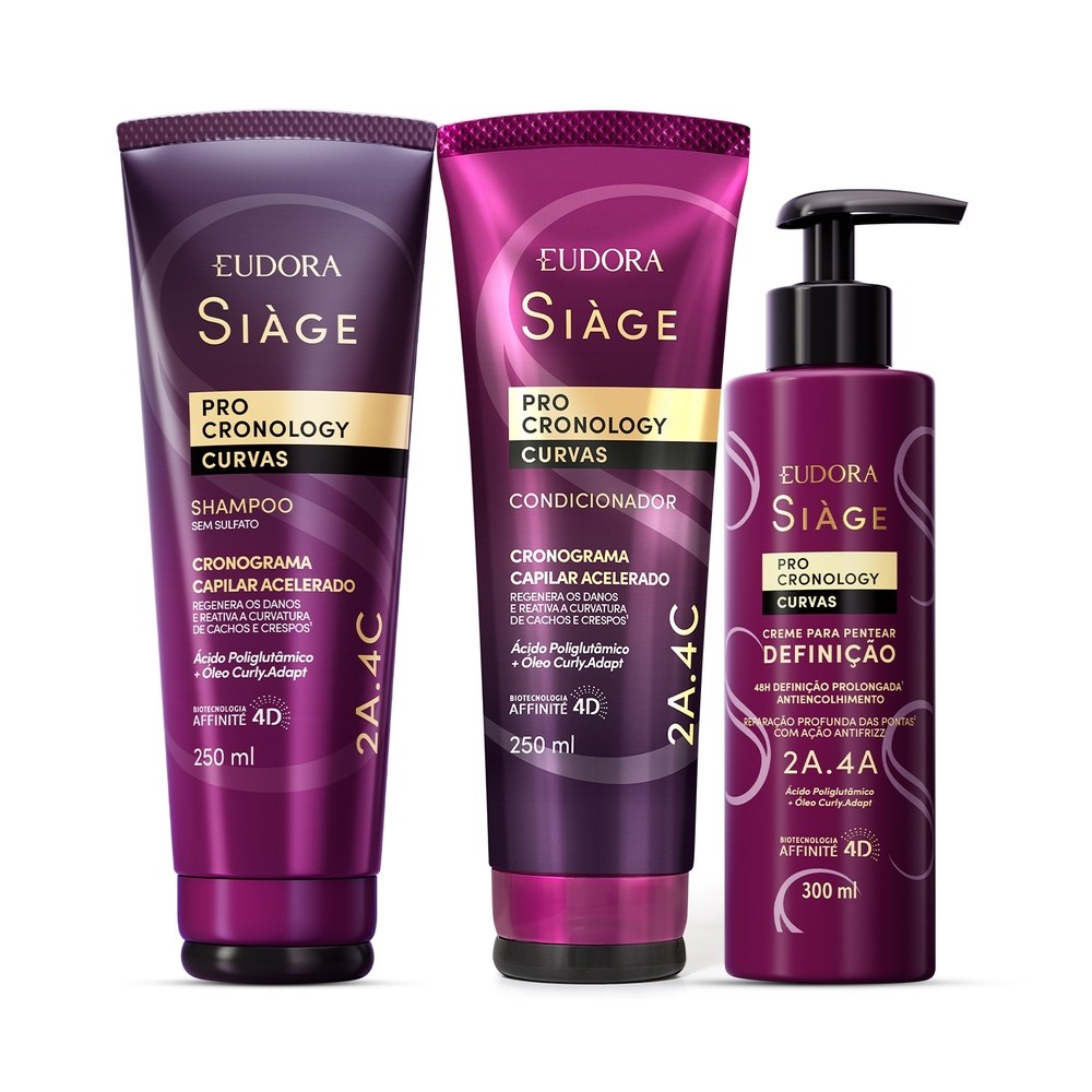 Imagem Combo Siàge Pro Cronology Curvas: Shampoo 250ml + Condicionador 250ml + Creme para Pentear Definição 300ml