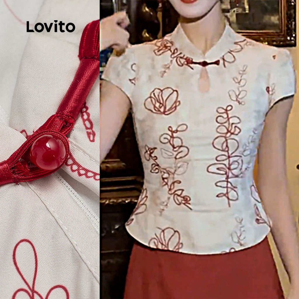 Lovito  Blusa Elegante Nova Estilo Chinês Flores Simples Primavera/verão Blusa Damasco para Mulheres L172ED1634 em Oferta na Shopee