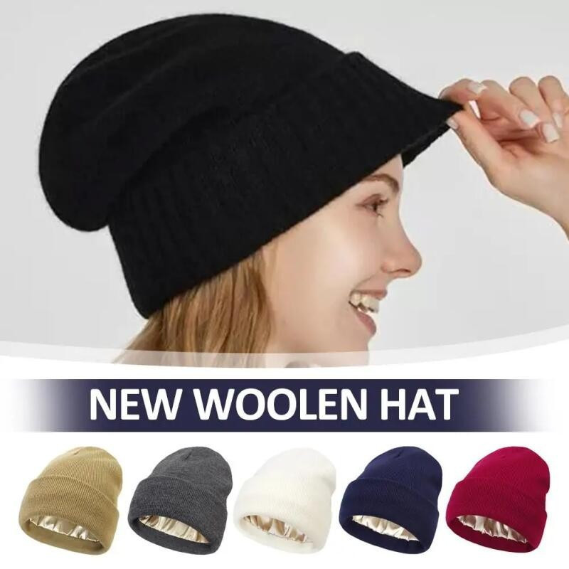 Gorro de Malha de Cashmere Inverno Forrado com Cetim de Seda para Mulheres Homens Unissex Alta Qualidade Gorro Grosso S