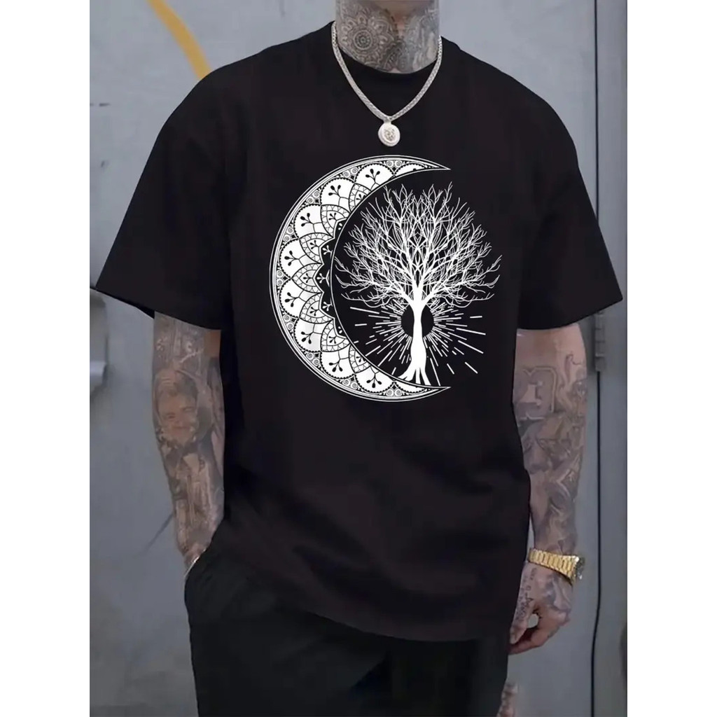 Camiseta Streetwear Camiseta Masculina Árvore Lua Crescente Natureza Estampada Confortável Estilosa Atemporal Casual
