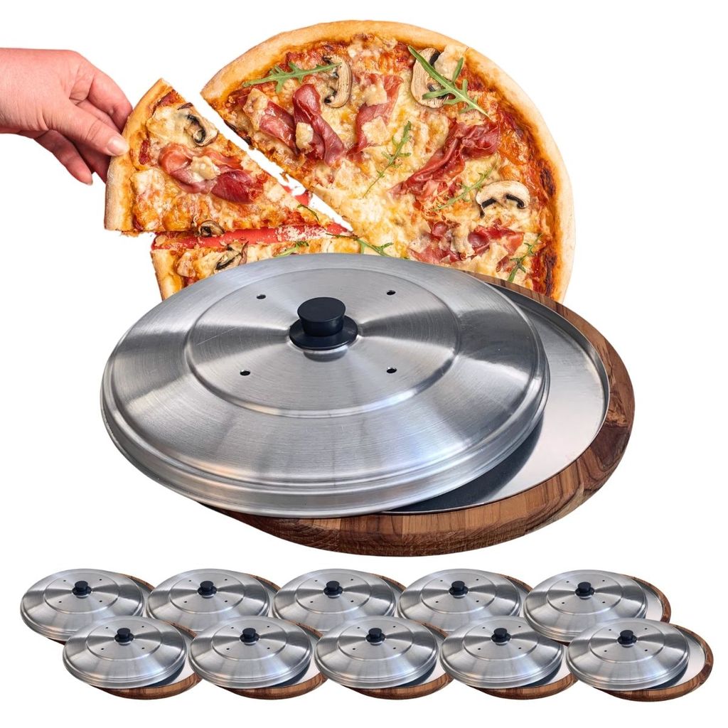 Kit 10 Suportes Bandeja 35Cm Com Formas E Tampas Para Cortar E Servir Pizza