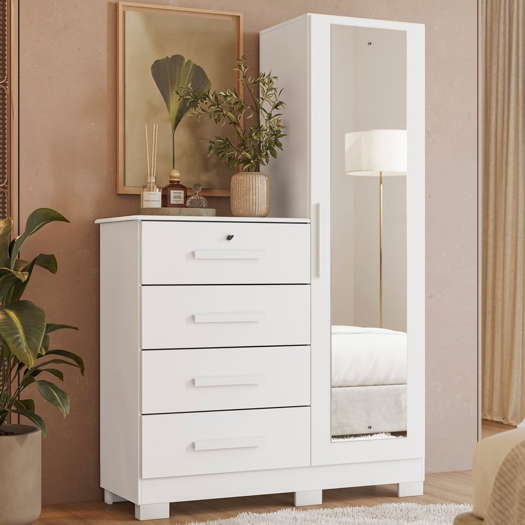Cômoda Sapateira com Espelho 4 Gavetas 1 Porta Cancun Espresso Móveis Branco em Oferta na Shopee