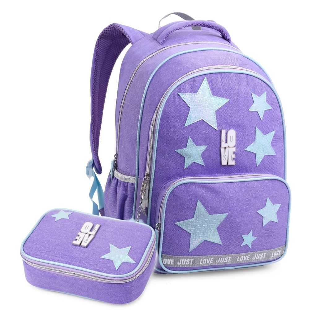Kit Mochila Escolar Love com Estojo Box Lilás Estrelas Colorido Bolsos Divisórias Material Lápis