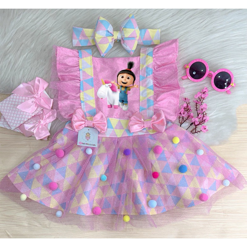 Romper Minions Agnes Meu Malvado Favorito Body Vestido Fantasia Salopete Infantil Bebê Menina Mesversario Aniversário em Oferta na Shopee