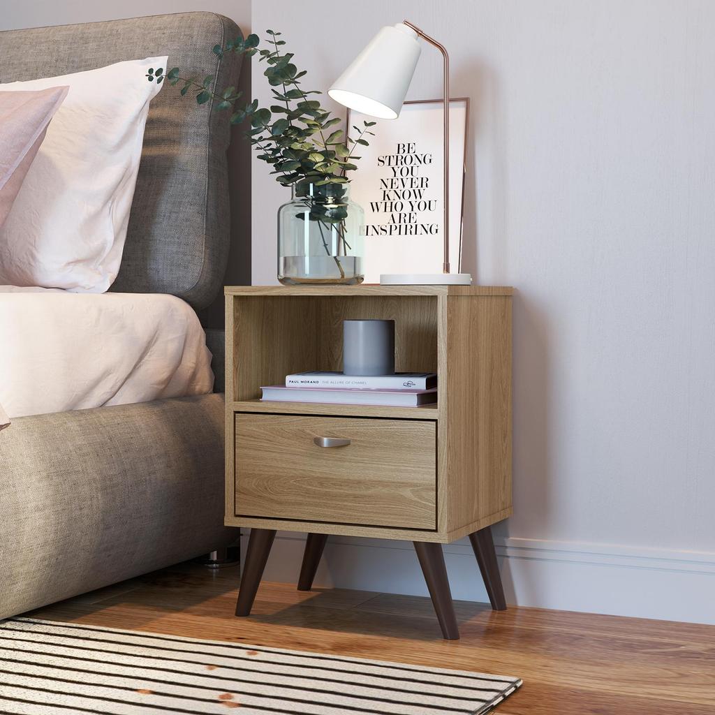 Mesa de Cabeceira Nicho 39cm com Gaveta e Pés Palito Retrô Oak