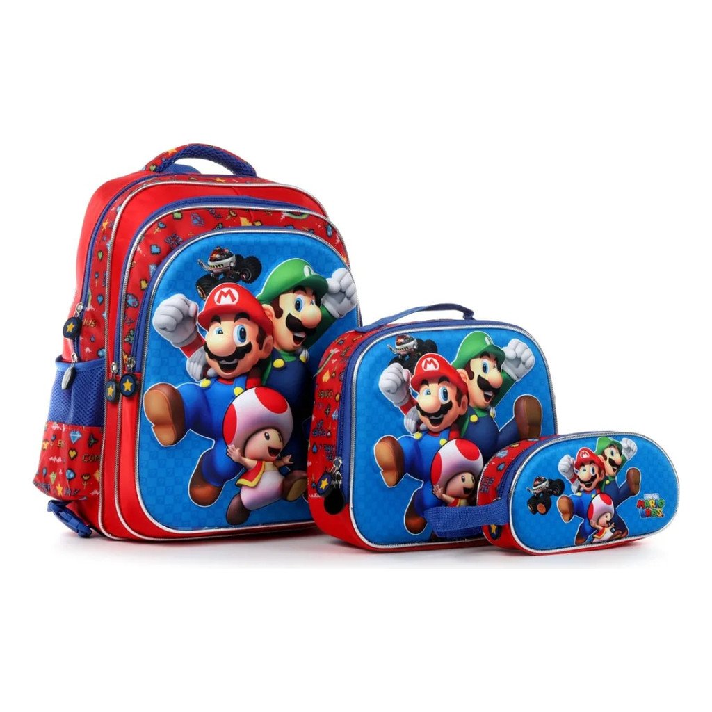 Kit Mochila Infantil escolar resistente costas Lancheira Estojo Super Mario bros Estampa 3d alto relevo