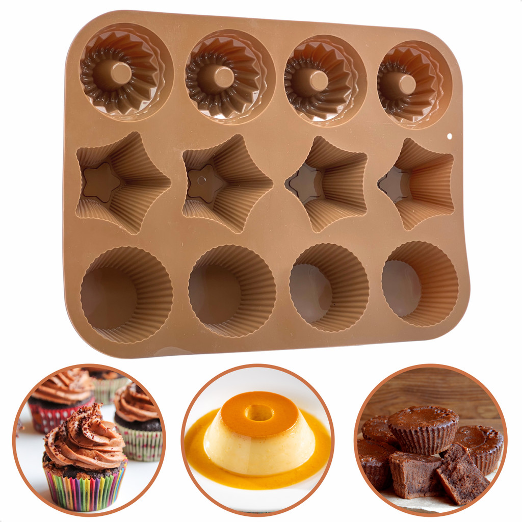 Forma De Silicone Antiaderente 3 Modelos Para Doces Empadas Pão De Queijo Mini Pudim Marrom