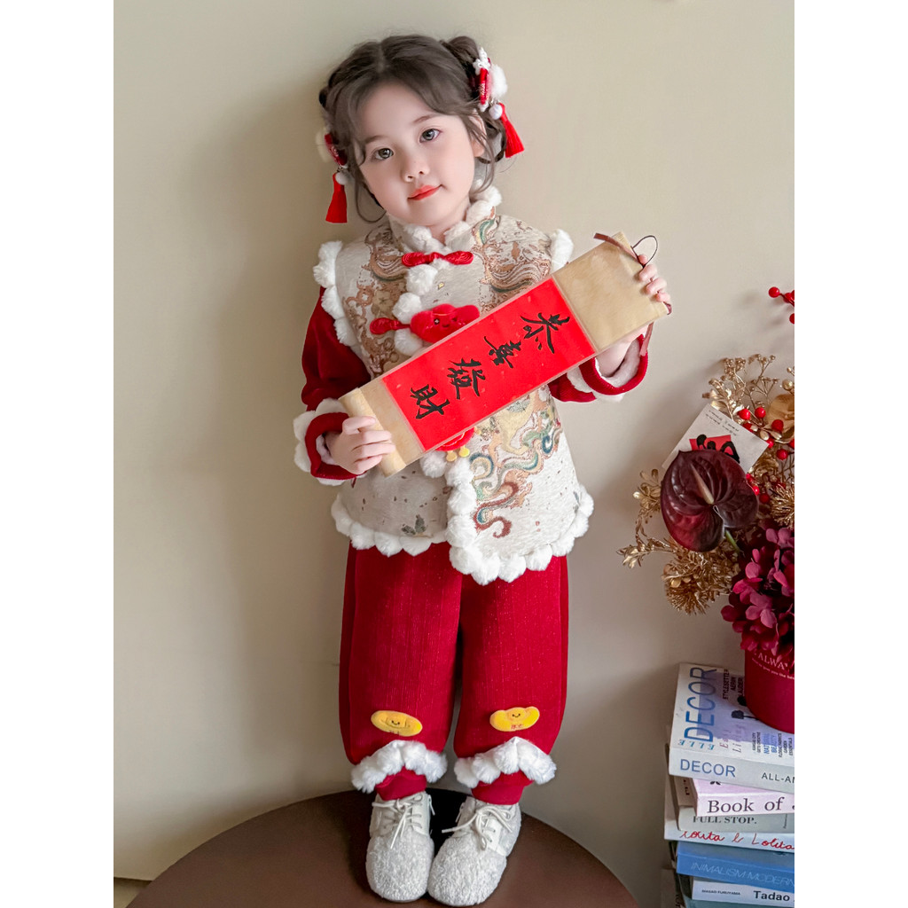 Roupas de lã para meninas roupas de ano novo de lã roupas de inverno 2025 novo estilo infantil estilo chinês roupas acol