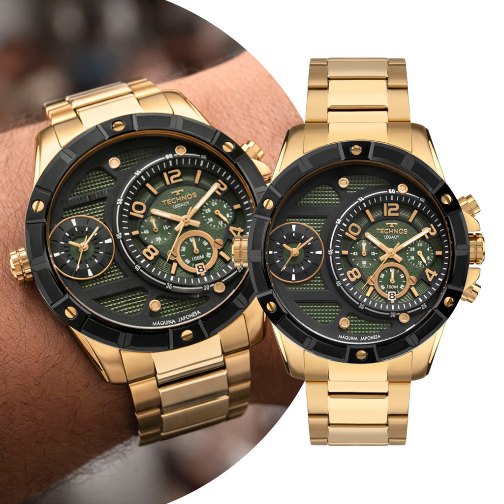 Relógio Masculino Dourado Verde Caixa e Pulseira de Aço Inoxidável à Prova D' Água Grande Robusto Luxo Technos Original