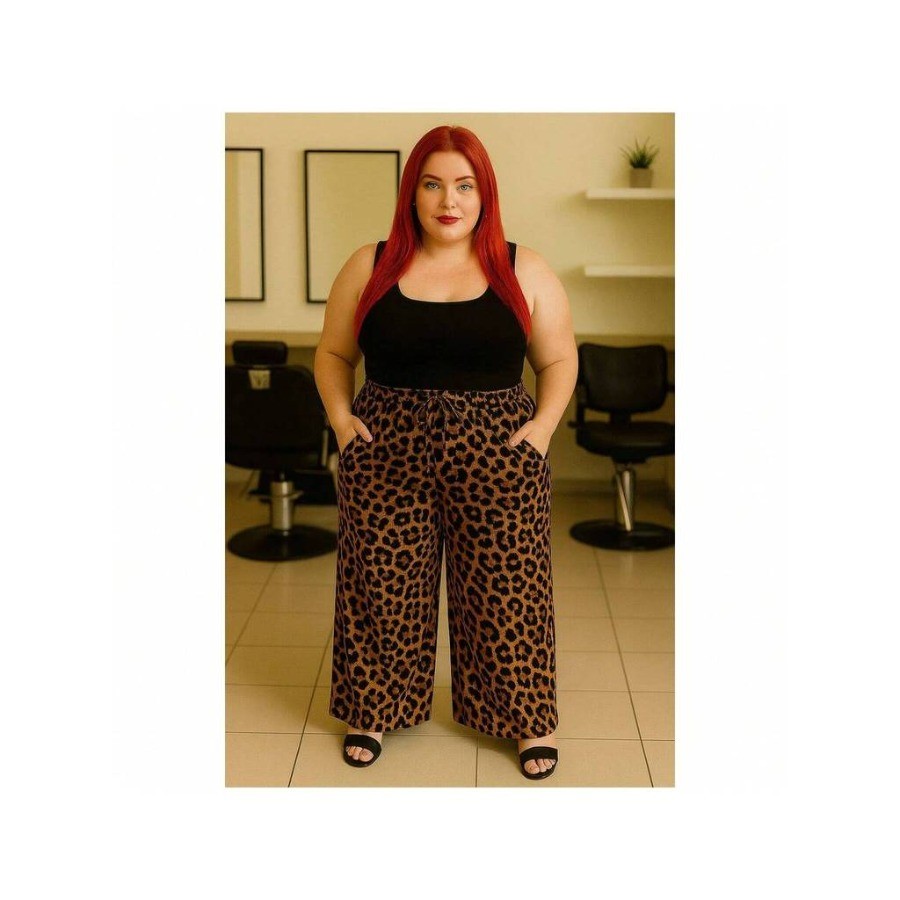 Calça Pantalona Feminina Viscolinho Plus Size Cós Alto G1 G2 G3 G4 Confortável Fashion Tendência