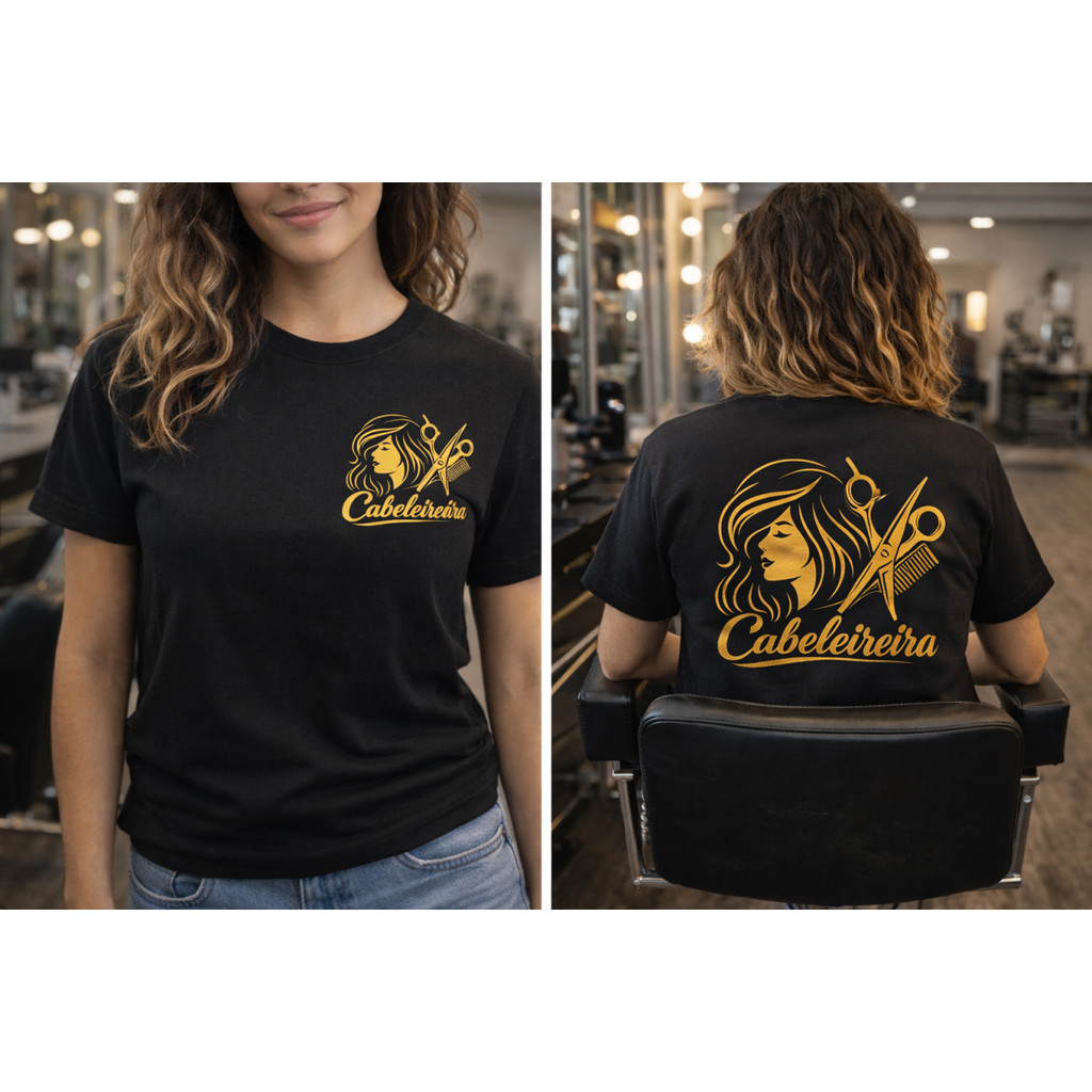 Camiseta Cabeleireira Camisa Preta Estampa Dourada Blusa Uniforme Profissional