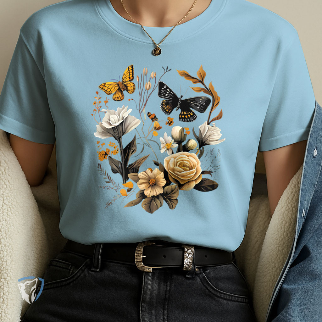 Camiseta Feminina Estampada  Flores e Borboletas Confortável Algodão Moda Atual