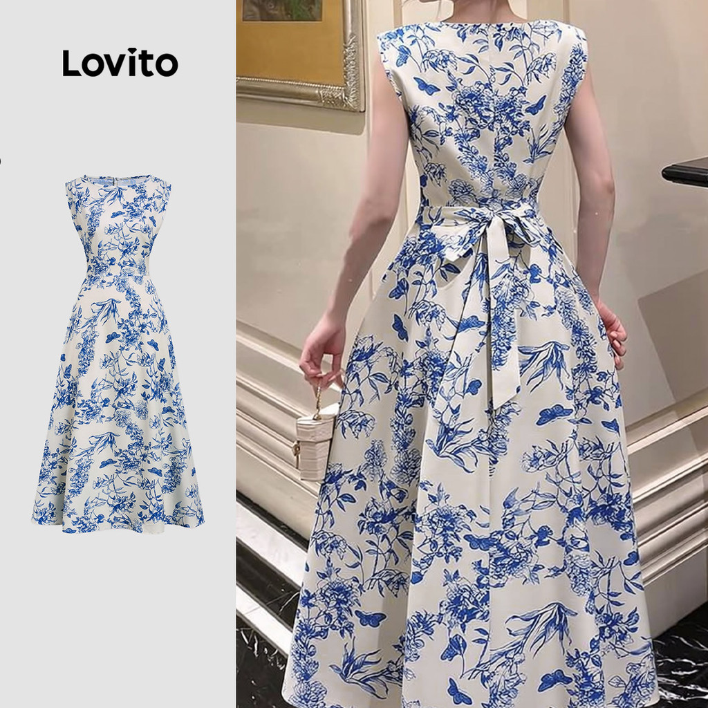 Lovito Vestido Boho com Zíper Primavera/verão Azul para Mulheres L164ED007