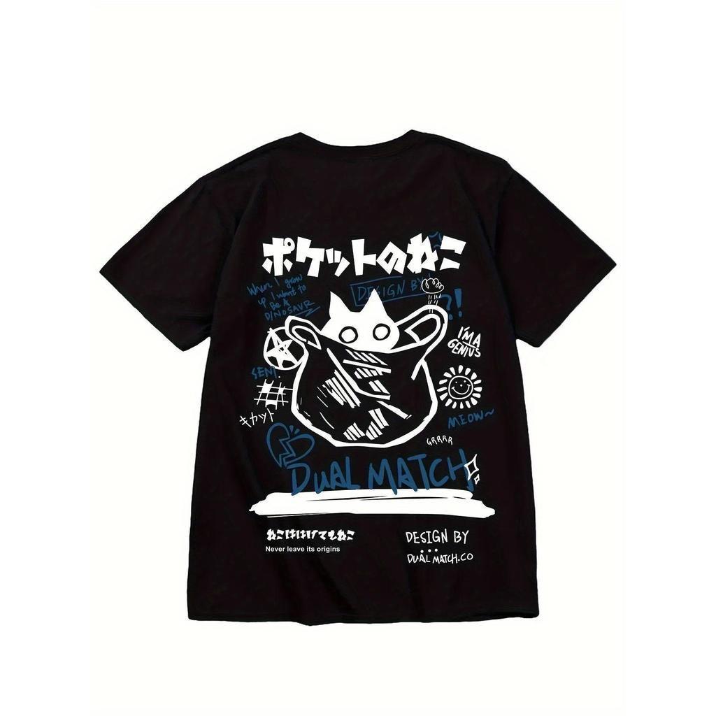 T-shirt preta com estampa de gato para mulher, manga curta casual em mistura de algod?o com decote redondo, roupa mascul