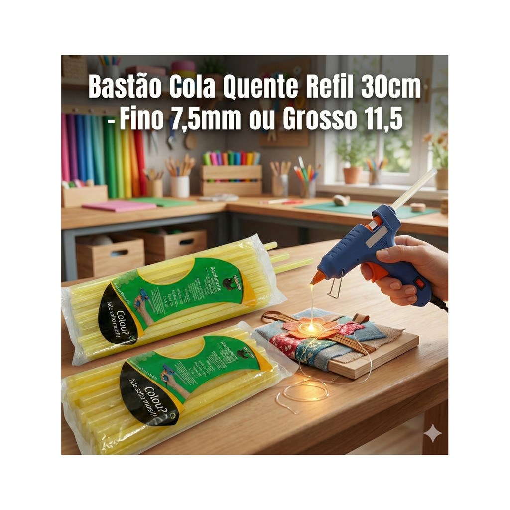 Bastão Cola Quente Refil 30cm / Fino 7,5mm - Grosso 11,5 em Oferta na Shopee