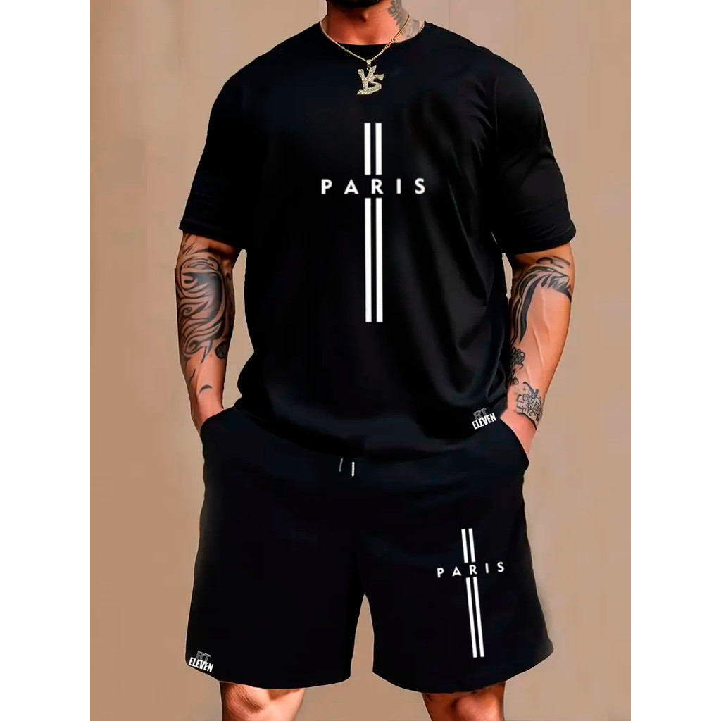 Camisa Kit Camiseta Masculina 100% Algodão + Bermuda Moletom Lançamento Estampada PARIS II  Confortavel Diversas cores U