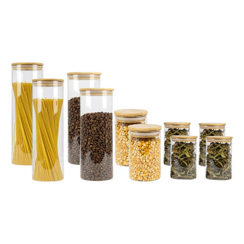 Conjunto 8 Potes Porta Mantimentos de Vidro Com Tampa de Bambu Organizador Conserva Alimentos Macarrão Castanhas Café