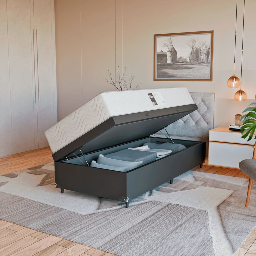 Cama Box Baú Solteiro + Colchão Prime Espuma D45 Couro Preto