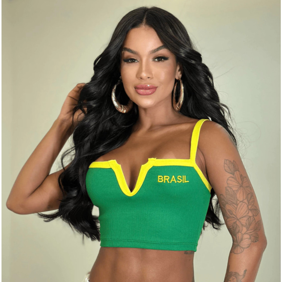 Cropped top Brasil Feminina em Ribana com Bandeira Bordado Seleção Brasileira