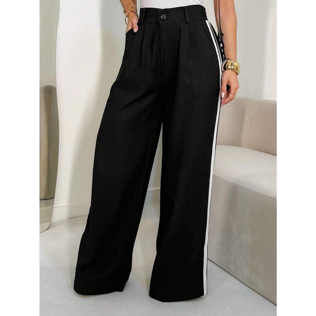 Calça Pantalona, Listras Nas Laterais, Cintura Alta, Tecido Marrante