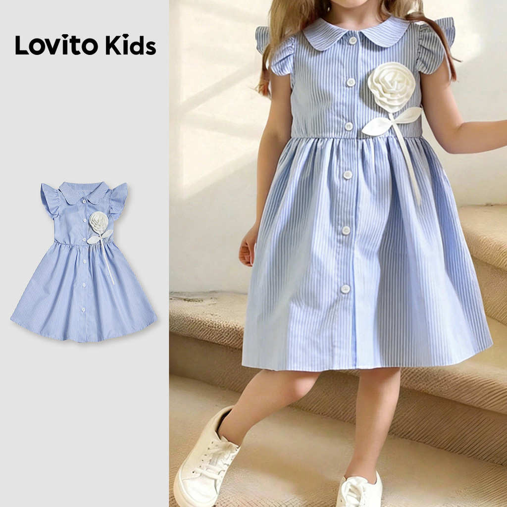 Lovito Kids  Vestido Casual com Apliques e Babados, Primavera/verão, Azul, para Meninas. L174LD150 em Oferta na Shopee