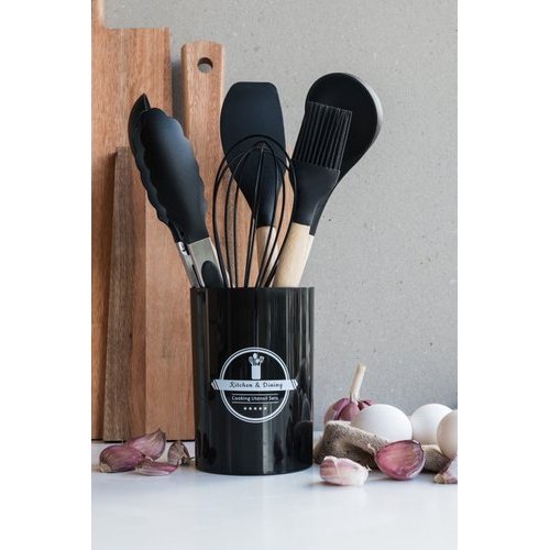 Jogo Panelas Silicone Preto Cabo Madeira 7 Pecas Utensilios Cozinha Resistente Antiaderente Conjunto Completo
