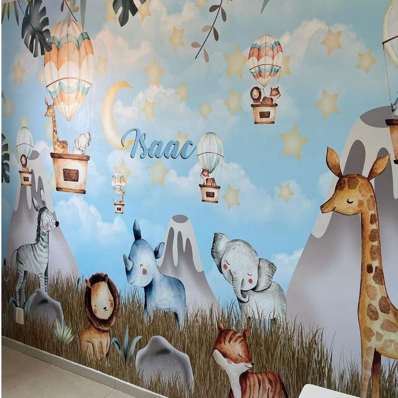 Papel de Parede Safari Azul Painel Adesivo | Tema Infantil Menino, Animais Fofos para Quarto de Bebê