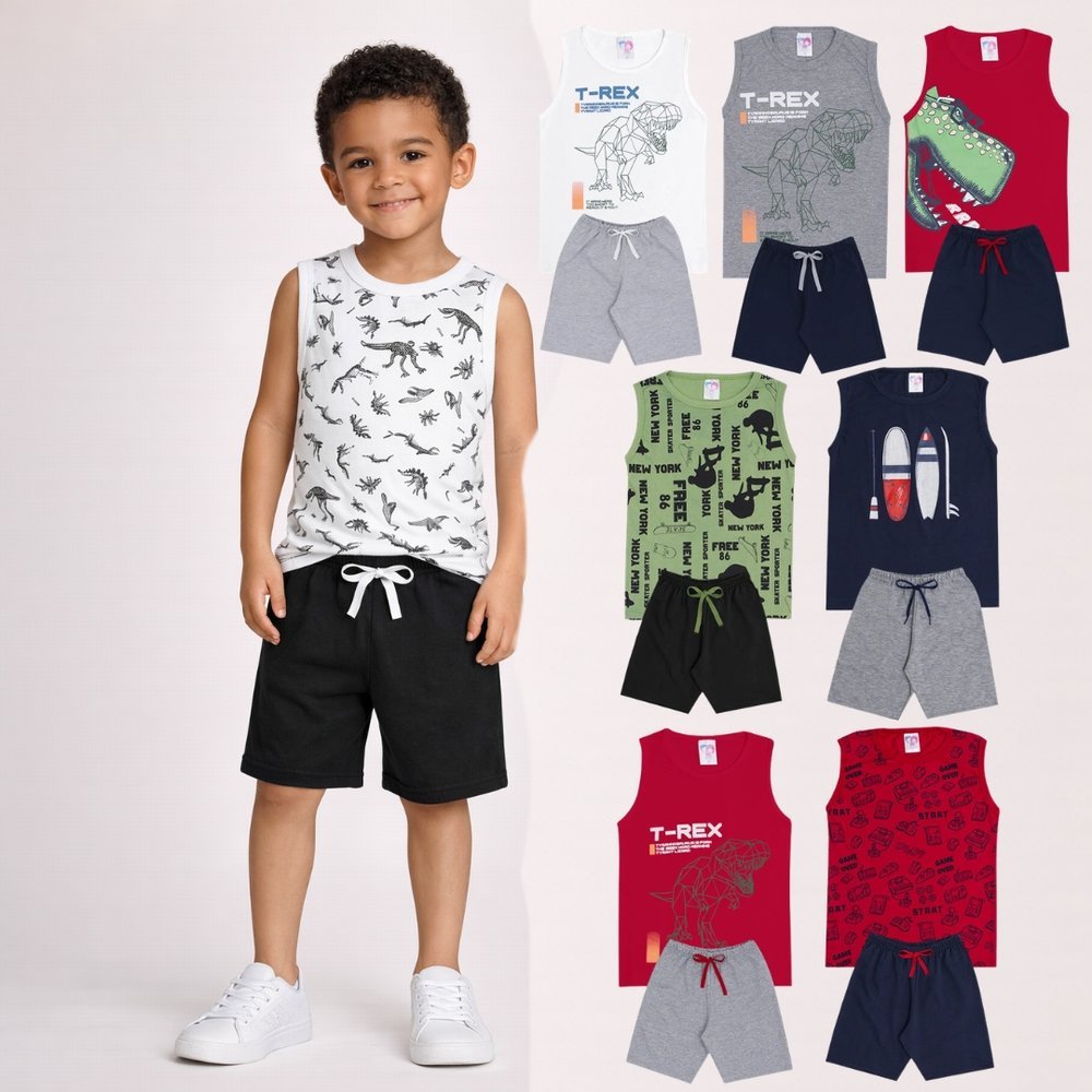 Kit Conjuntos Infantis Regata/Camiseta e Shorts Masculino Verão Menino Estampa Sortida Confortável
