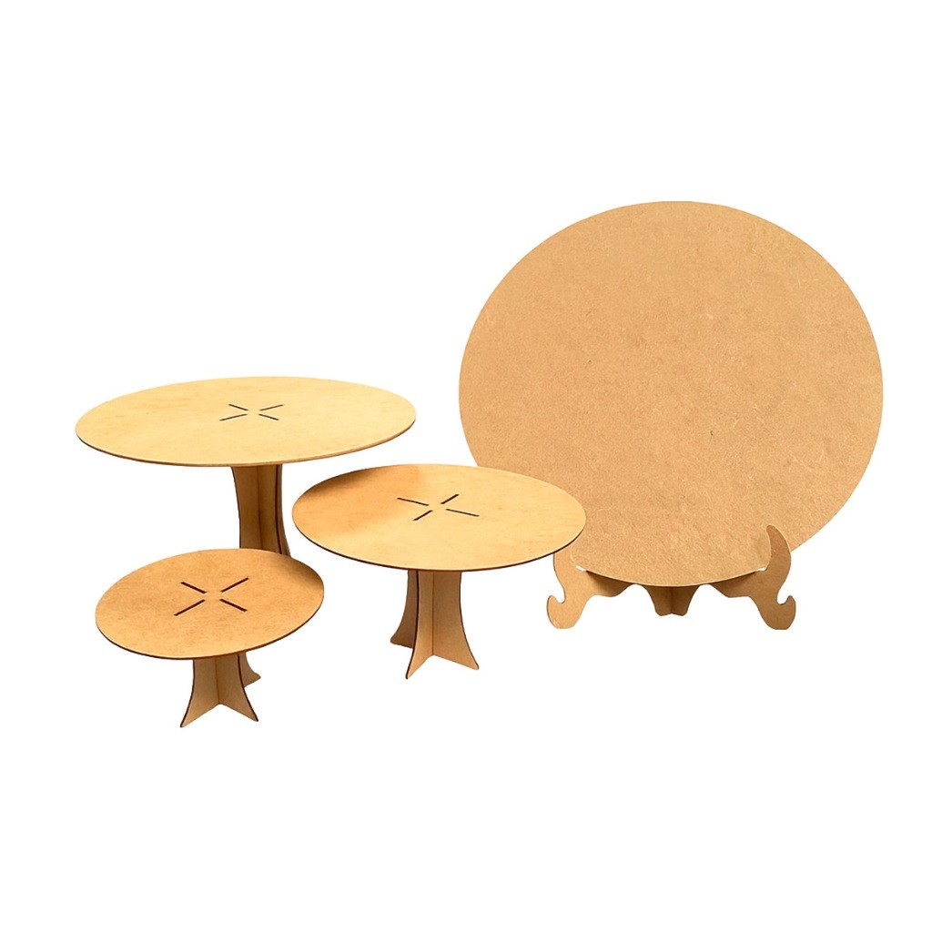 Trio Boleiro em MDF Natural com Mini Painel Redondo 50cm Decoração de Mesa Festa Eventos Suporte Personalizável