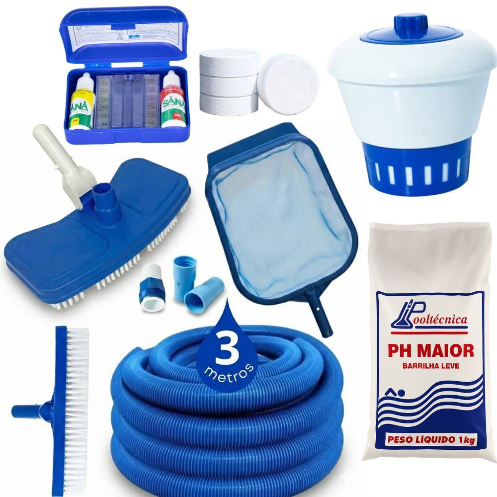 Kit Limpeza Piscina Aspirador + Clorador + Peneira + Escova + Mangueira + Estojo + Barrilha Leve