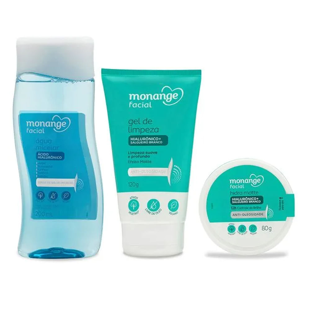 Kit Monange Facial Anti-oleosidade Gel de limpeza  120ml + Hidratante 80g + Água Micelar 200ml em Oferta na Shopee