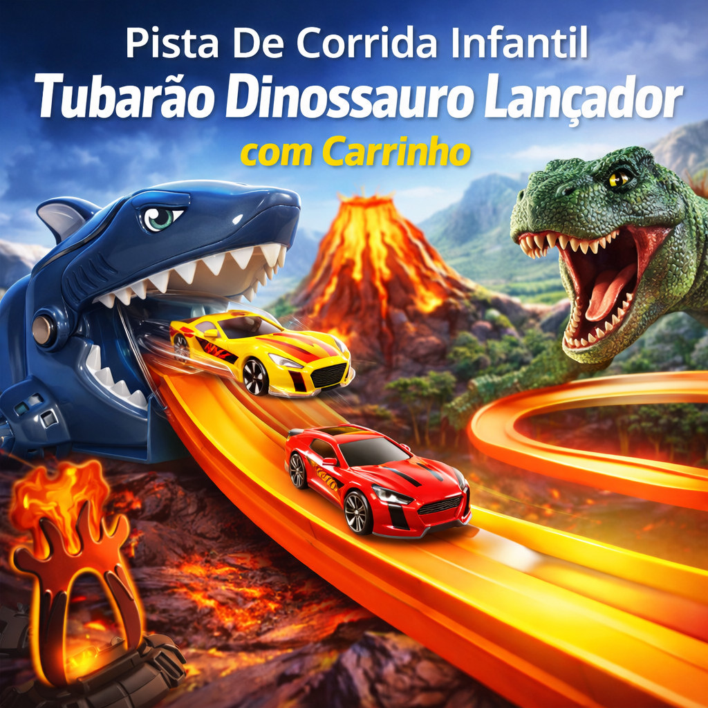 Brinquedo Lançador Pista Veloz Infantil Tubarão Dinossauro com Carrinho Brinquedo 10 Peças Max Speed